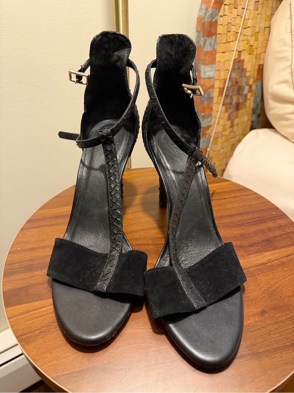Joie Black Suede Braided T-Strap High Heel Sandals